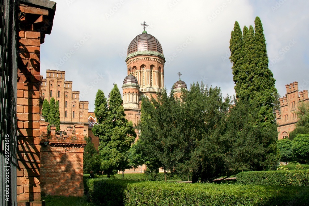 Naklejka premium Chernivtsi, ukraine, university, church, orthodox, architecture, building, tower, cathedral, old, religion, landmark, history,