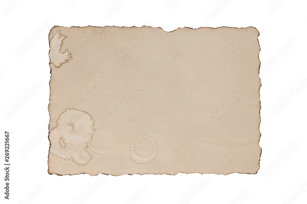 Single blank old dirty and burnt paper sheet isolated on white background Single blank old dirty and burnt paper sheet isolated on white background