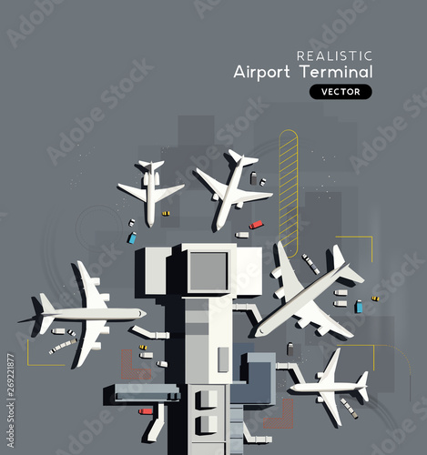 Top down aerial view of a busy airport terminal with parked commercial airplanes. Vector illustration.