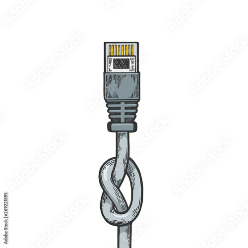 Knotted blocked Ethernet internet locale net cable metaphor color sketch line art engraving vector illustration. Scratch board style imitation. Hand drawn image.