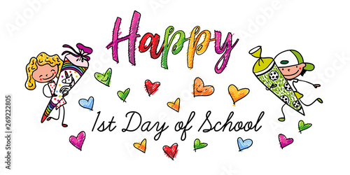 Erster Schultag - Happy First Day of school - Mädchen und Junge mit Schultüte freuen sich über Einschulung - Handzeichnung - Querformat Banner Karte