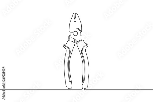 Silhouette of pliers with black path isolated on white background. Continuous drawing. One line style
