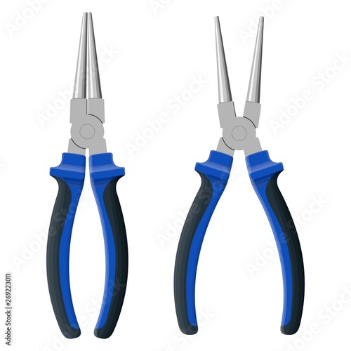Pliers round open and close isolated on white background. Builder, construction and repair hand tools with plastic handles. Realistic long nose pliers vector illustration