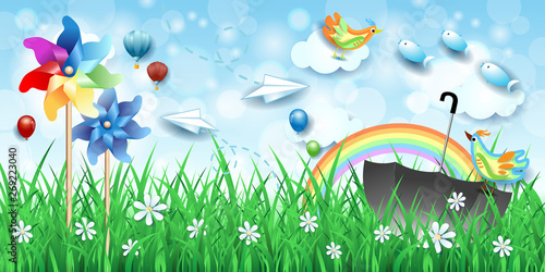 Fantasy landscape with grass, pinwheels, umbrella and flying fishes