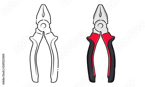Two image of pliers black and white outline path and colored cartoon style isolated on white background