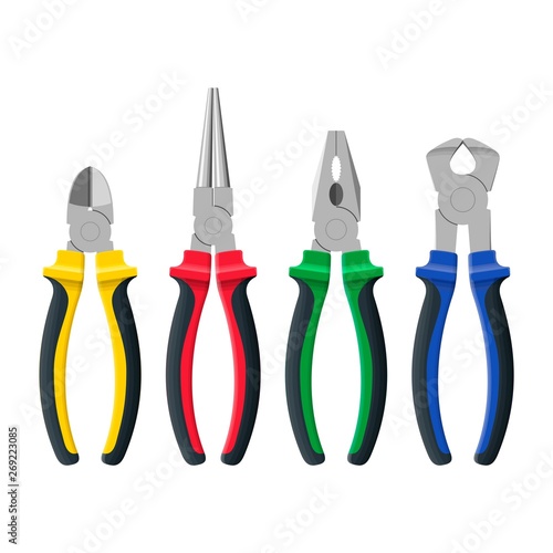 Set of different types of pliers and side cutters isolated on white background. Builder, construction and repair hand tools with plastic handles. Realistic pliers vector illustration