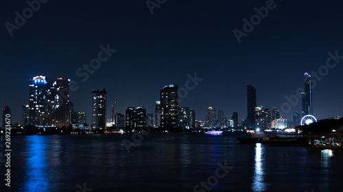 Building at night river Bangkok, Thailand. Cityscape concept.