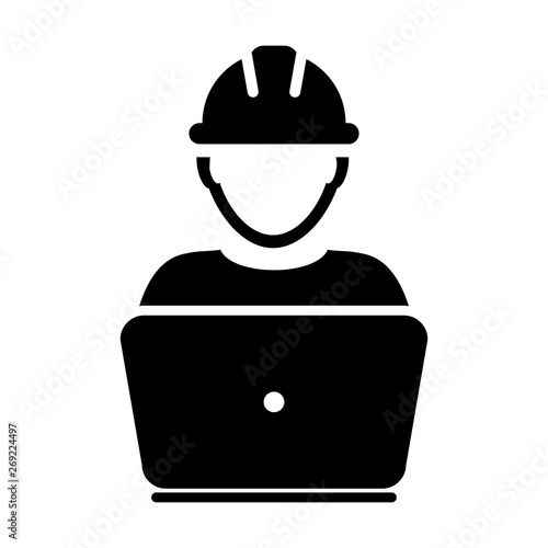 Worker icon vector male construction service person profile avatar with laptop and hardhat helmet in glyph pictogram illustration