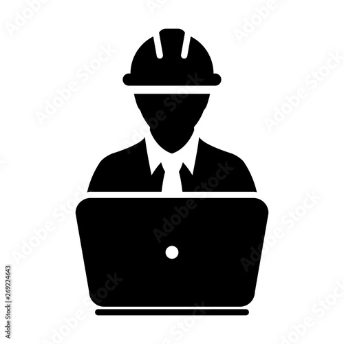 Service worker icon vector male construction service person profile avatar with laptop and hardhat helmet in glyph pictogram illustration
