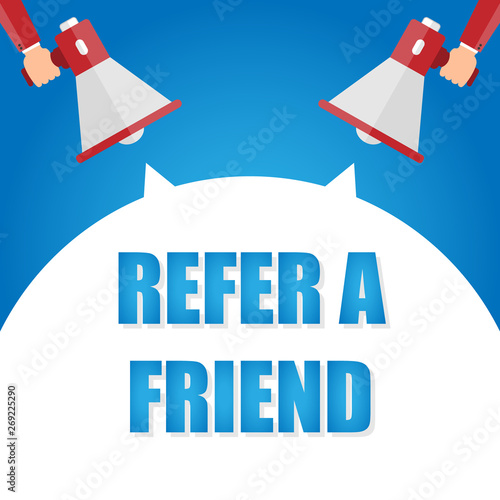 Laptop notebook computer screen. Hand holding megaphone. Refer a friend! text in speech bubble. Vector stock illustration.