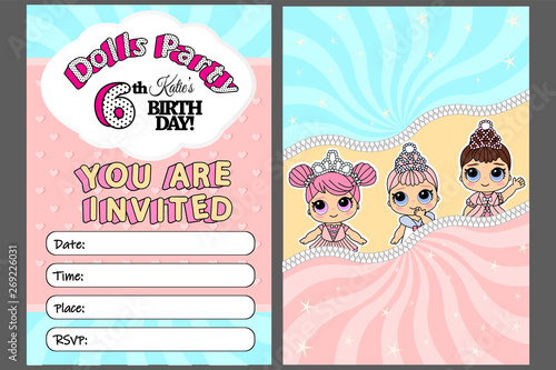 Pink vector template of invitation card for little girl Fototapeta