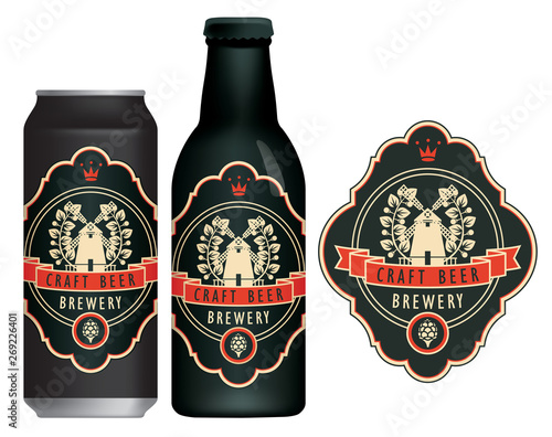 Vector beer label with windmill, laurel wreath and ribbon in figured frame on the black background in retro style. Sample beer label on beer can and beer bottle