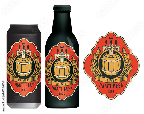Vector beer label with a wooden barrel, coat of arms, wreath of wheat and ribbon in figured frame on a red background in retro style. Sample beer label on beer can and beer bottle