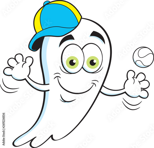 Cartoon illustration of a happy ghost wearing a baseball cap while tossing a baseba