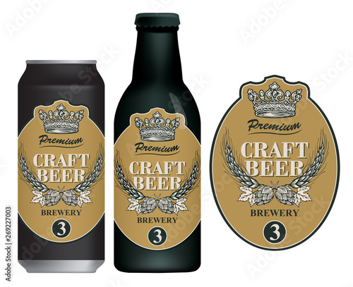 Vector label for craft beer in retro style, decorated by wheat or barley ears, hops and crown in figured frame. Sample beer label on beer can and beer bottle