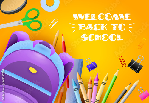 Welcome back to school lettering with stationery and backpack. Offer or sale advertising design. Typed text, calligraphy. For leaflets, brochures, invitations, posters or banners.
