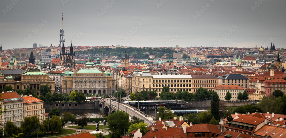 Panoramic top view of Prague old town with historic buildings and Vltava river,