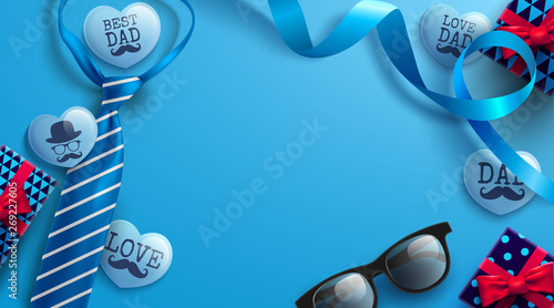 Father's Day blue background for Poster or banner with cute blue heart by text inside and gift box for dad concept.Promotion and shopping template for Father's Day.Vector illustration EPS10