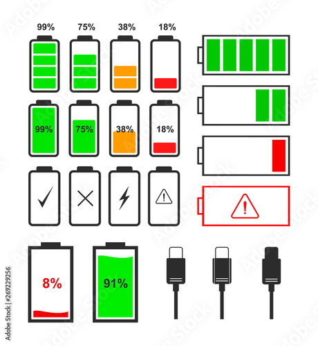 Set of icons of battery indicator and type-c cable isolated on white background. Collection of vector battery icons for interface design of various types of devices.