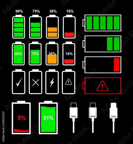 Battery icons and type-c cable for various types of devices isolated on black background. Vector indicator icons for battery level.