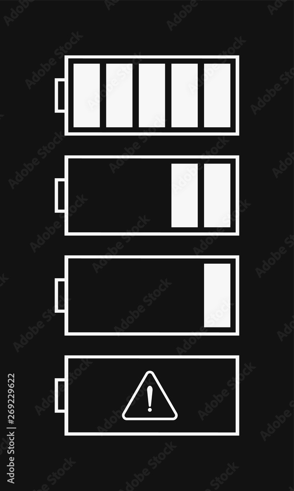 Vector battery level indicator icons isolated on black background. Battery icons for the interface of various types of devices. Vector battery level indicator icons isolated on black background. Battery icons for the interface of various types of devices.