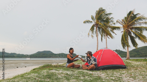 man on the beach Lovers on the beach camping