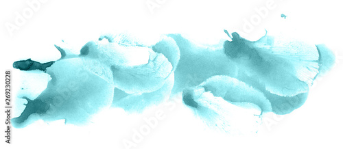Abstract watercolor background hand-drawn on paper. Volumetric smoke elements. Blue-Green color. For design, web, card, text, decoration, surfaces. © colorinem