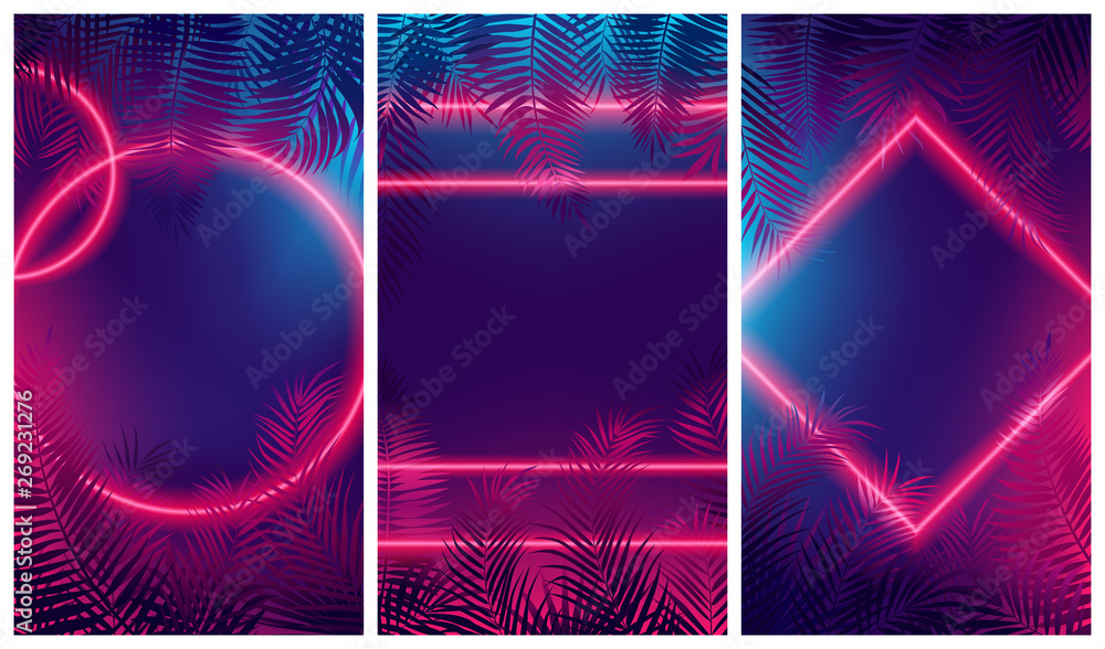 Fototapeta Jaskrawoczerwona poświata z geometrycznych kształtów, neonowe cyberpunk tło z tropikalnymi liśćmi
