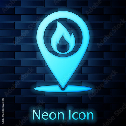 Glowing neon Map pointer with fire flame icon isolated on brick wall background. Fire nearby. Vector Illustration