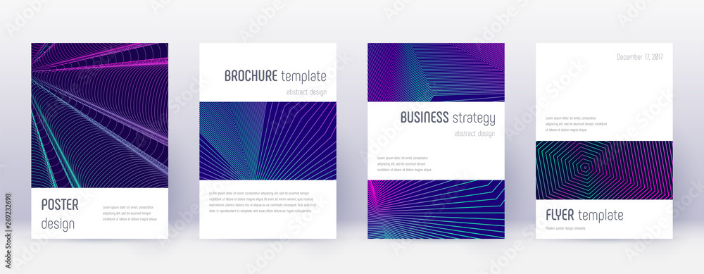 Minimalistic brochure design template set. Neon abstract lines on dark blue background. Attractive brochure design. Beautiful catalog, poster, book template etc.
