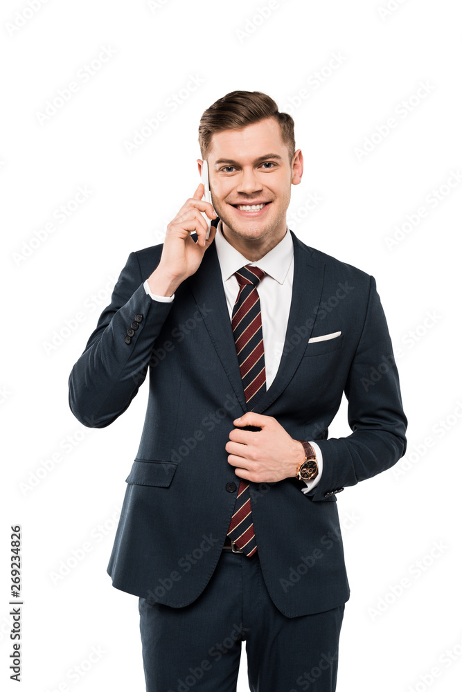cheerful businessman in suit talking on smartphone isolated on white cheerful businessman in suit talking on smartphone isolated on white
