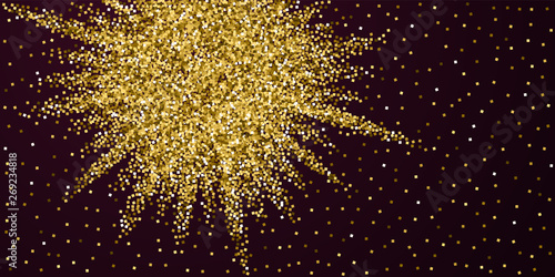 Gold glitter luxury sparkling confetti. Scattered small gold particles on red maroon background. Awesome festive overlay template. Admirable vector illustration.