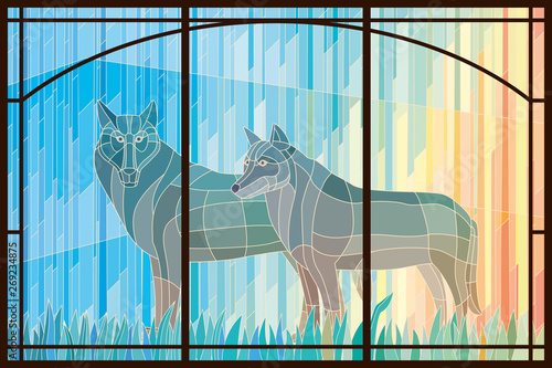 Stained glass pair of wolves in a frame. Vector graphics
