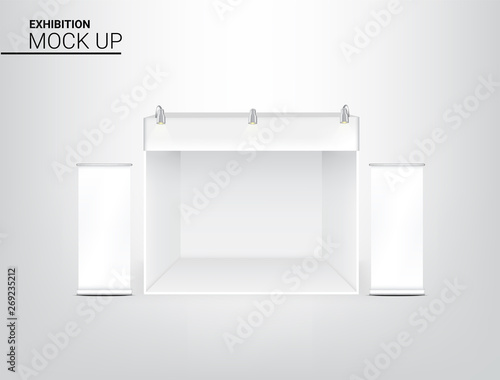 3D Mock up Realistic Tent Display POP Booth for Shop Sale Marketing Promotion Exhibition with Metallic Spotlight Lamp and Roll up Template Background Illustration