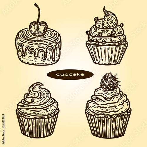 Vector hand drawn set of cupcakes in the engraving vintage style.