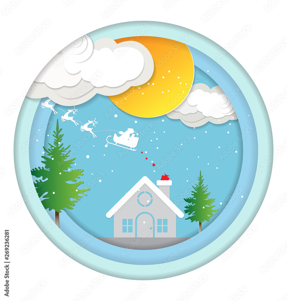 Vector illustration of winter season and Christmas day Santa Claus and deer on sky with snow.vector paper art style.