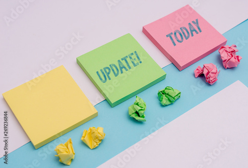 Word writing text UPDATE. Business photo showcasing make something more modern or up to date like software program Note papers and stationary placed sideways on top of softhued backdrop