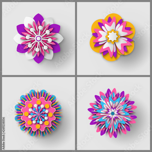 Paper cut origami of flower, colorful blossom ornament with shadow, 3d view of floral symbol, greeting or poster decorated by bouquet, festive vector