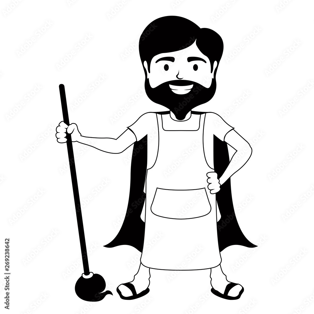 Monochrome character super dad cleaner with a mop - Vector Monochrome character super dad cleaner with a mop - Vector