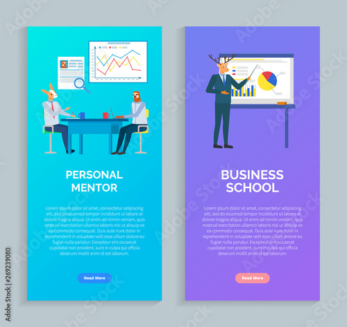 Personal mentor and business school, hipster animal rabbit and sloth teamwork in office, deer presentation of chart and diagram, research vector. Website or webpage template, landing page flat style