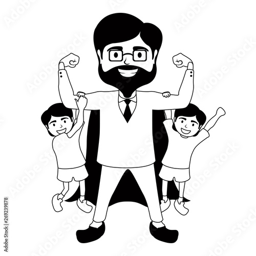 Monochrome super dad character with two boys - Vector