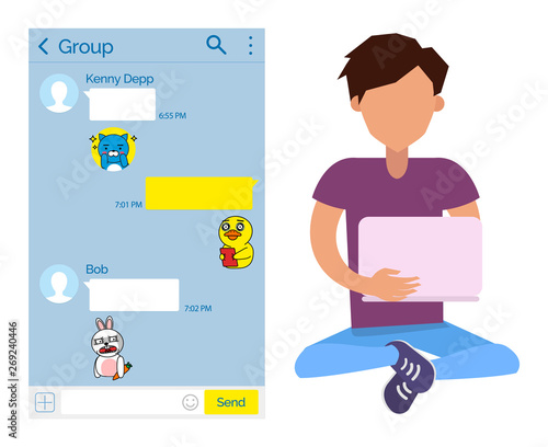 Kakaotalk communication vector, messenger interface with stickers and text. Person using laptop to talk to friends, funny animals and emoticons in chatting box