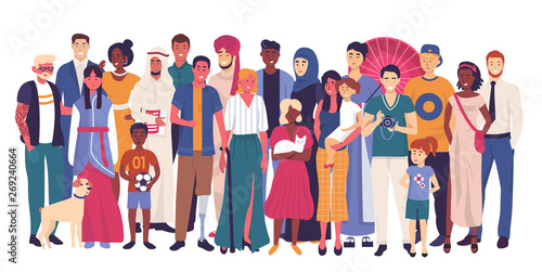 Diverse group of people  portrait view of man and woman holding pet and child  different nationality  smiling crowd characters standing together vector