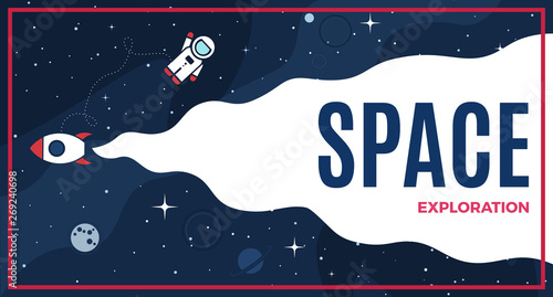 Space background with cosmos and white empty place for text. Cute template with Astronaut, Spaceship, Rocket, Moon and Stars for poster, banner web landing page or website design