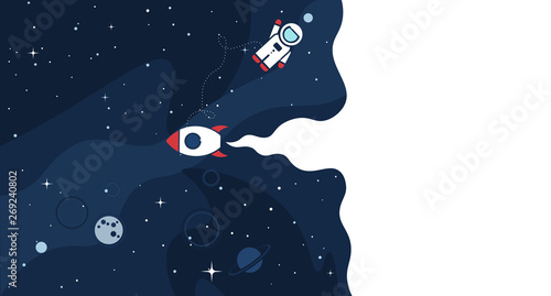 Space background with cosmos and white empty place for text. Cute template with Astronaut, Spaceship, Rocket, Moon and Stars for poster, banner web landing page or website design