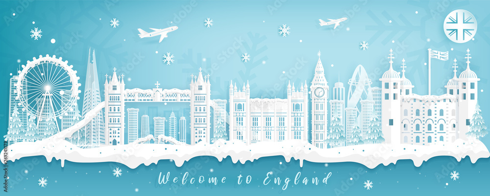 Famous Travel Landmark and Attraction in England, Postcard, Poster, Banner, Cover Image, Advertising Template, Object and Element in Paper Cut Style, Winter Season Background Vector Illustration