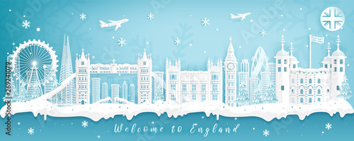 Famous Travel Landmark and Attraction in England, Postcard, Poster, Banner, Cover Image, Advertising Template, Object and Element in Paper Cut Style, Winter Season Background Vector Illustration
