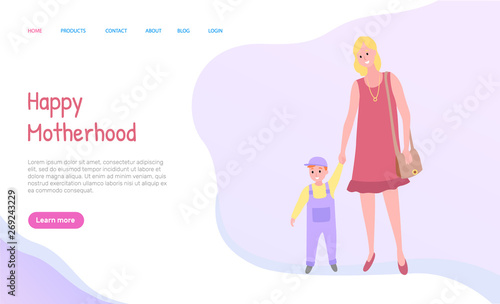 Mother holding son, full length and portrait view of walking parent with child in casual clothes, going together outdoor, happy motherhood vector. Website or webpage template, landing page flat style