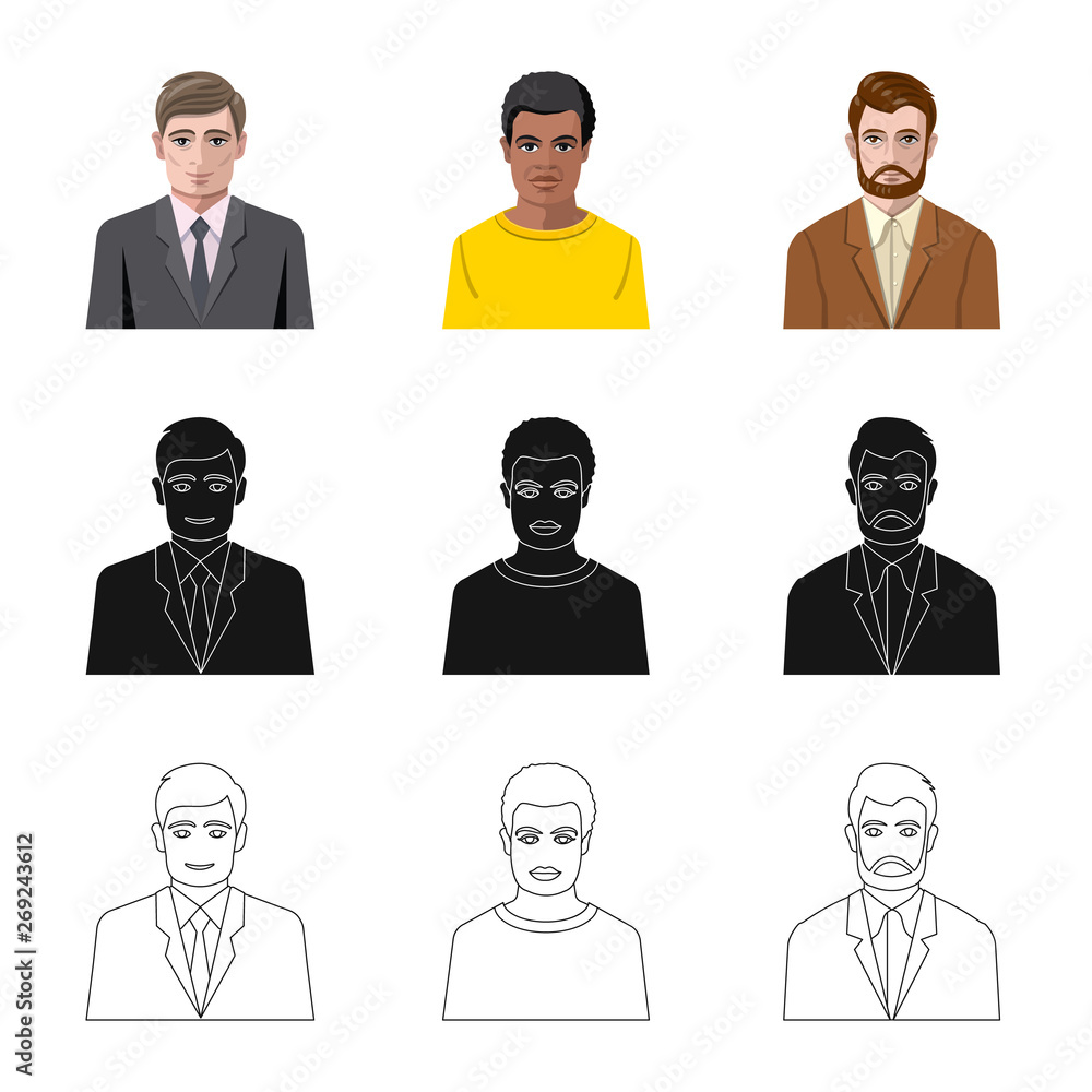 Vector illustration of hairstyle and profession sign. Set of hairstyle and character stock vector illustration. Vector illustration of hairstyle and profession sign. Set of hairstyle and character stock vector illustration.