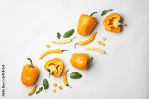 Fototapet Flat lay composition with fresh ripe vegetables on white background